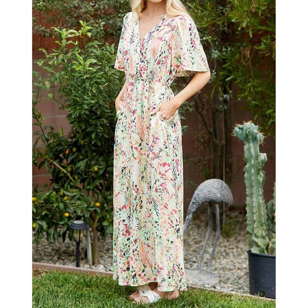 NEW LIME + CHILI ott print v-neck maxi dress in green multi